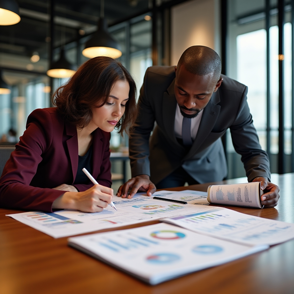 Two consultants reviewing a printed audit report at a large wooden conference table, natural light from tall windows
