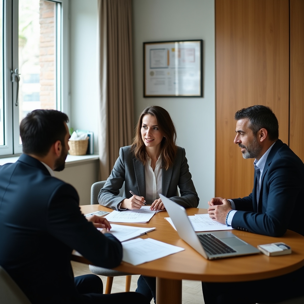 Three consultants in a bright office discussing findings around a round table, papers and laptops visible, engaged and attentive expressions