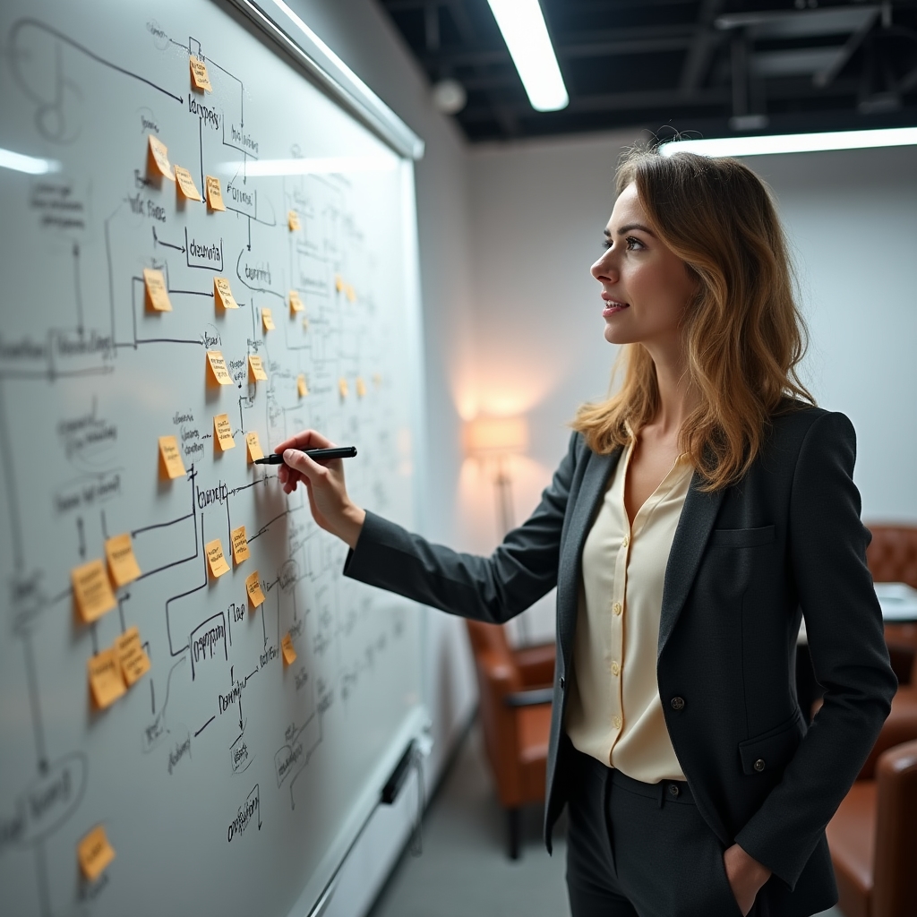 Consultant mapping decision pathways on a whiteboard with sticky notes and data flow diagrams