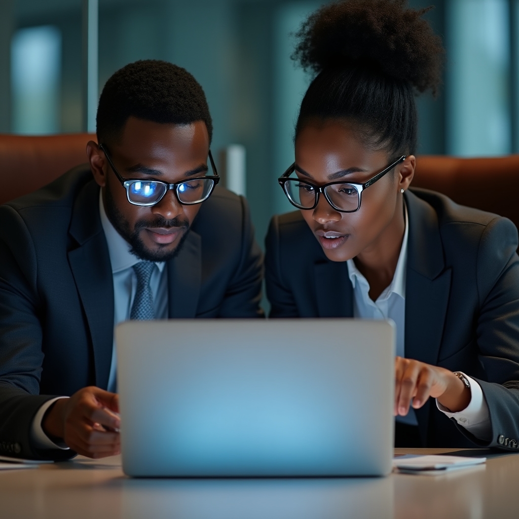 Two consultants focused on a single laptop screen, pointing at specific data fields, close-up medium shot, concentrated expressions, modern office background slightly blurred