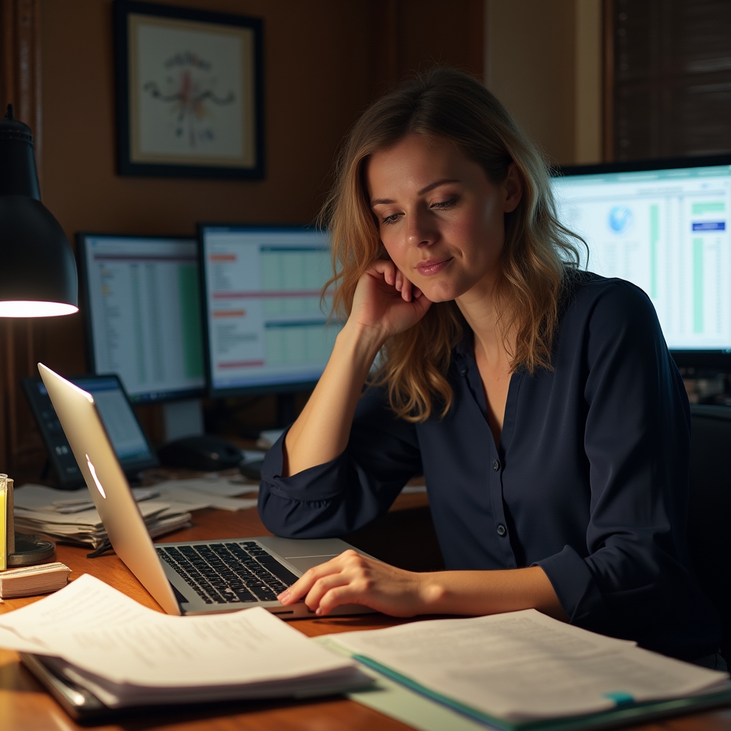 Small business owner at a desk looking at multiple spreadsheet tabs on a laptop, slightly overwhelmed expression, warm office environment, papers stacked nearby